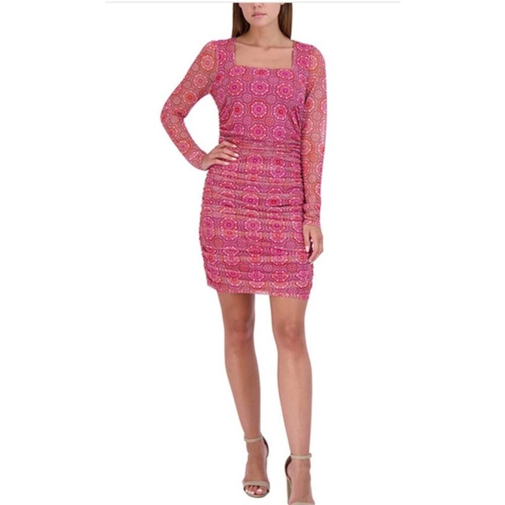 BCBGeneration Womens Pink Flower Mesh Square Neck Ruched Boho Dress Sz XS New